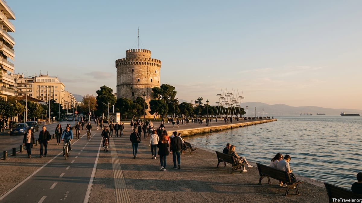Golden hour view of Thessaloniki waterfront with the White Tower, promenade and people walking by the sea.