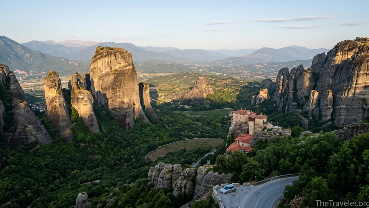 View over Meteora’s monasteries on rock pillars with a small car on a mountain road.