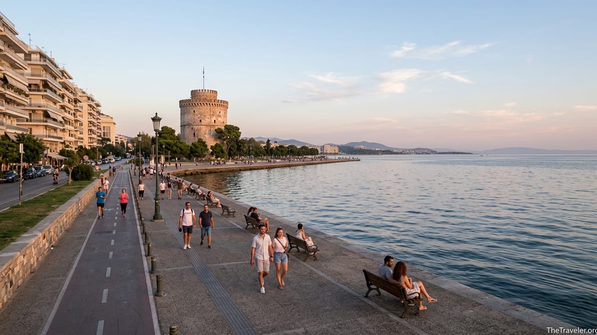 Early evening promenade scene along Thessaloniki waterfront with White Tower and people strolling by the sea.