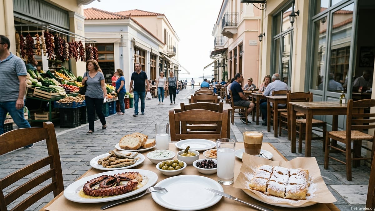 Street taverna table in Thessaloniki with meze, bougatsa and coffee near bustling market stalls.