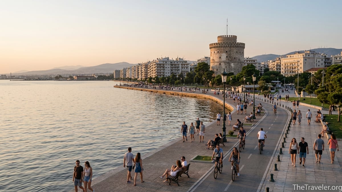 Golden hour view of Thessaloniki waterfront promenade with the White Tower and people walking by the sea.