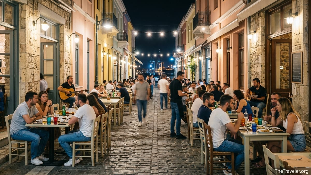 Nighttime street scene in Thessaloniki’s Ladadika with busy tavernas and bars.