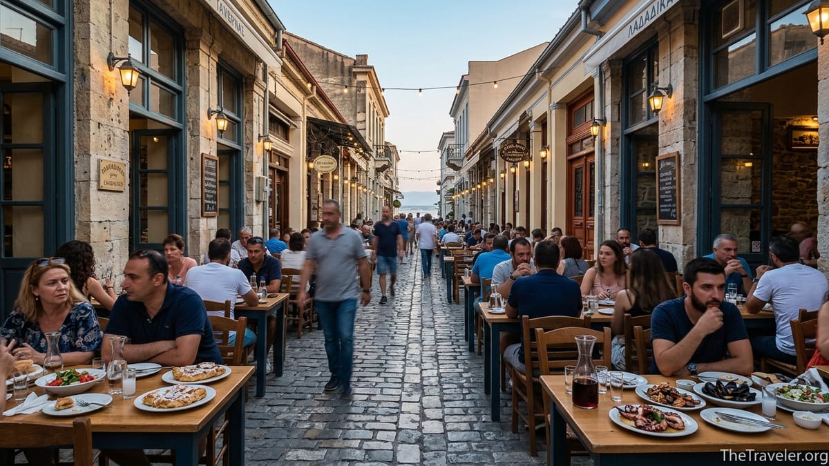 Evening diners at outdoor tavernas in Thessaloniki’s Ladadika district sharing meze on a cobblestone street.