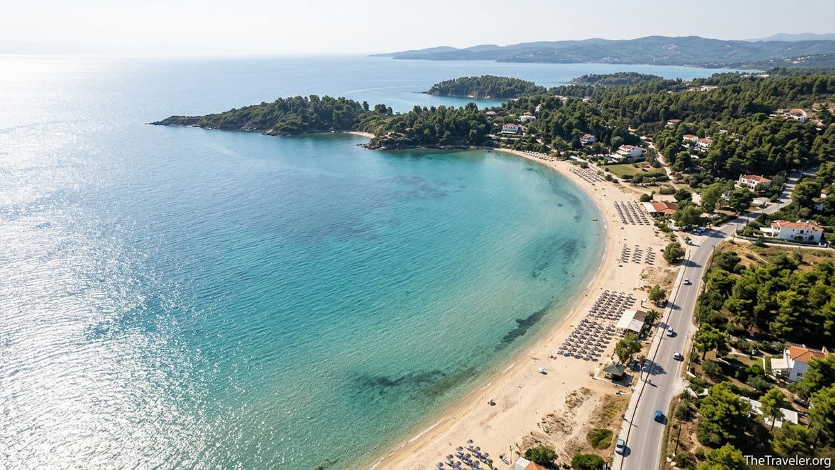 Aerial view of a turquoise bay and pine-fringed beaches in Halkidiki on a sunny summer day.