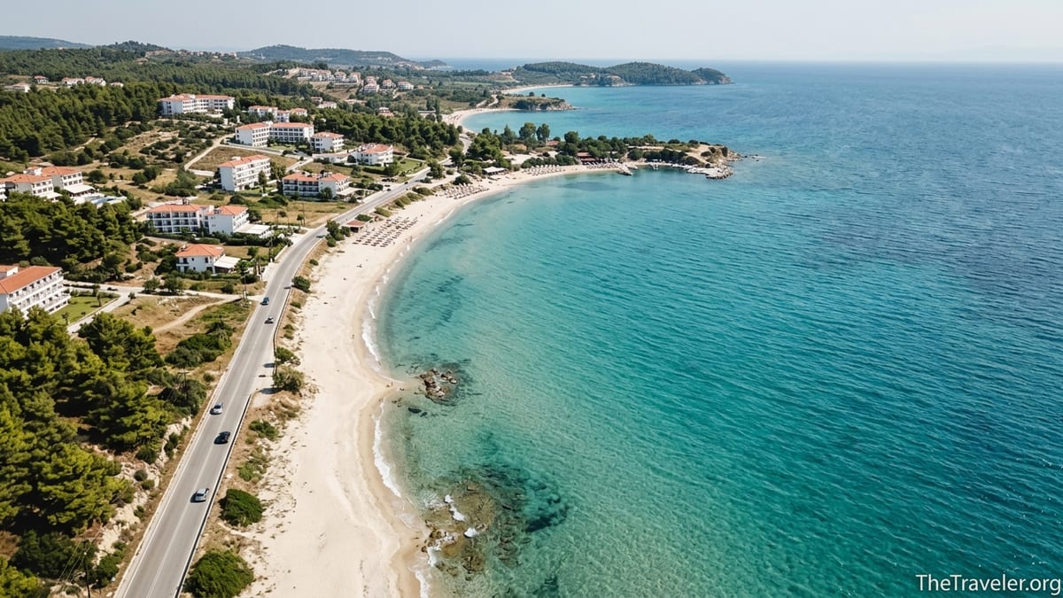 Aerial view of the Kassandra peninsula road and sandy beaches near Halkidiki, Greece
