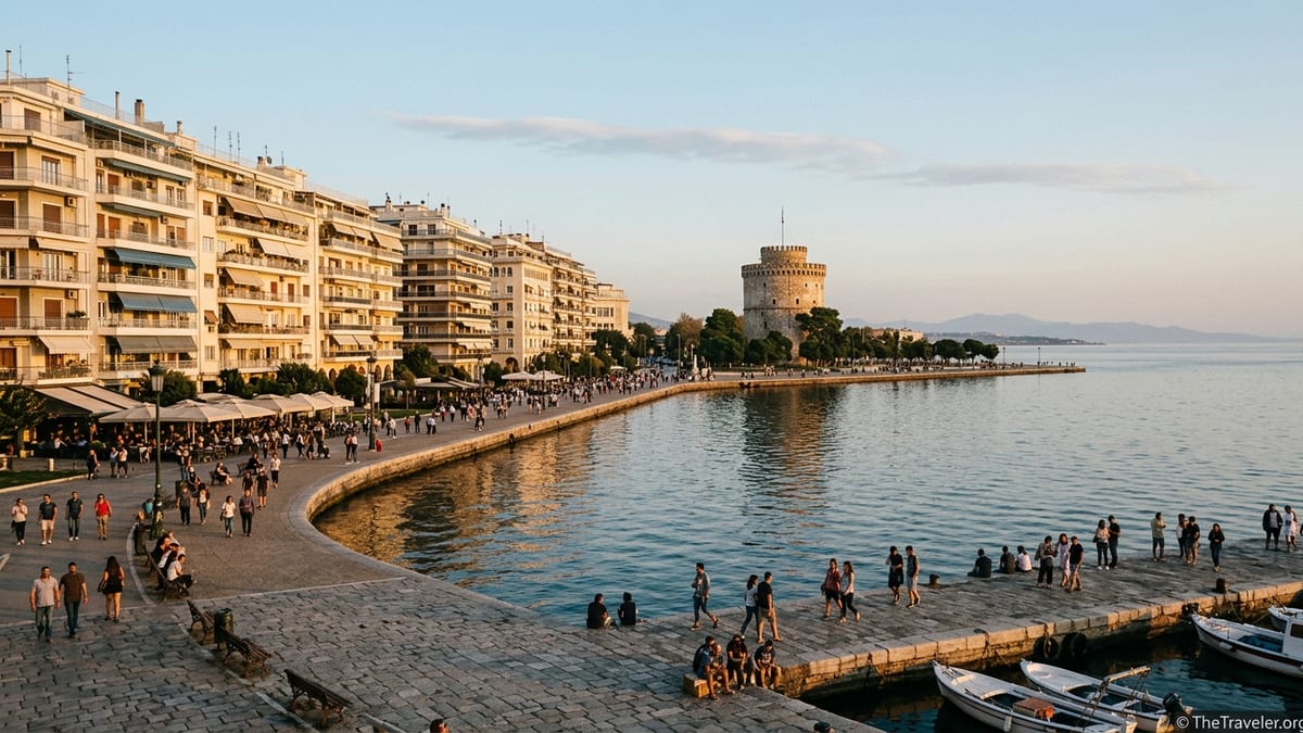 Early evening view of Thessaloniki’s waterfront promenade with the White Tower and people walking by the sea.