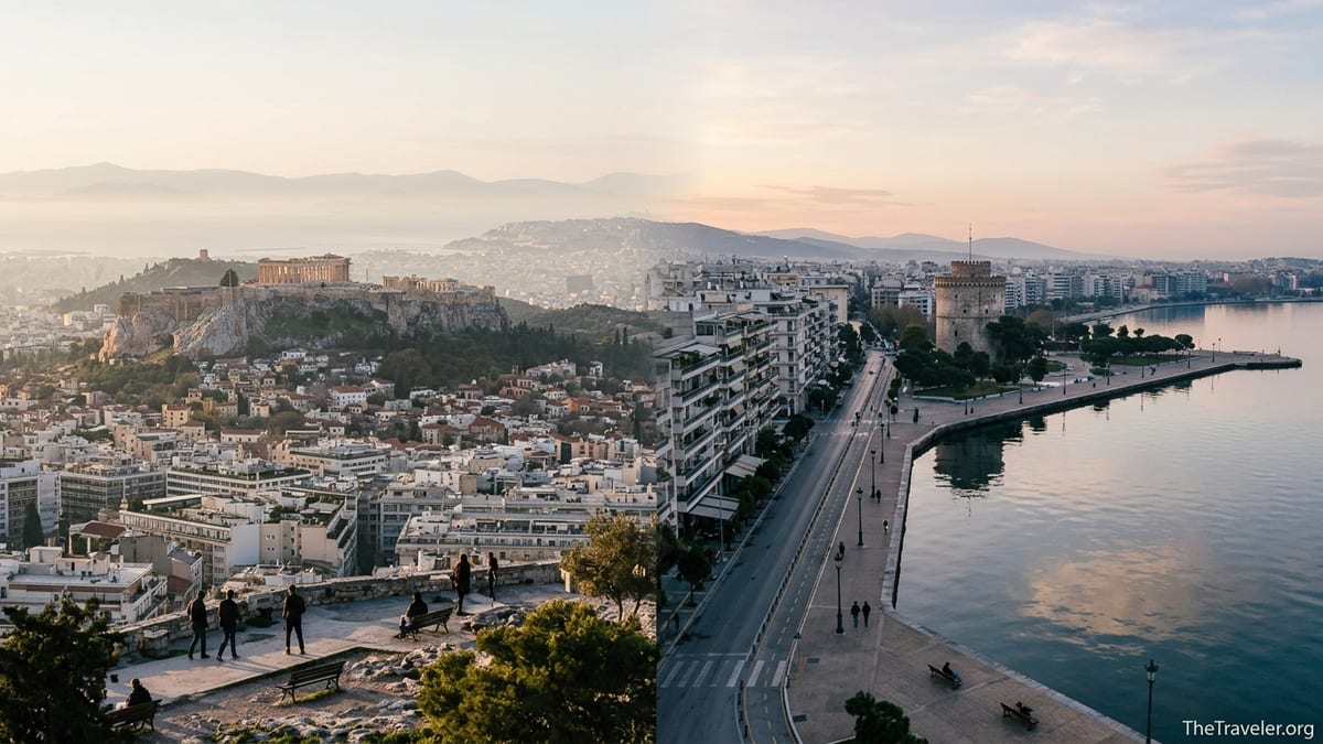 Split wide view of Athens with the Acropolis and Thessaloniki’s seafront with the White Tower at sunrise.