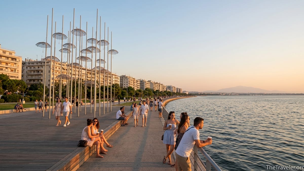 People walking by the Umbrellas sculpture on Thessaloniki’s Nea Paralia waterfront at sunset.