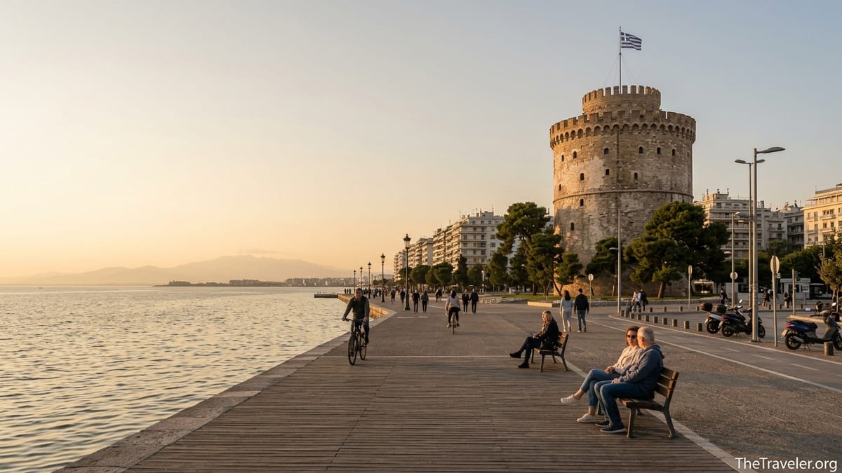 Golden hour view of Thessaloniki’s White Tower beside the waterfront promenade and calm sea.