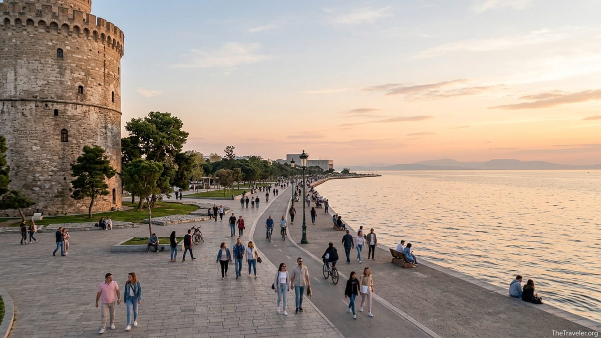 White Tower of Thessaloniki and waterfront promenade at sunset with people walking