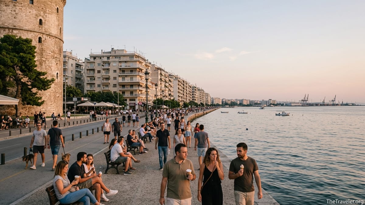 Evening view of Thessaloniki’s waterfront promenade near the White Tower with people walking by the sea.