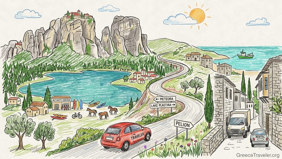 Rental car on a Thessaly roadside with Meteora rock pillars in the distance, early morning light.
