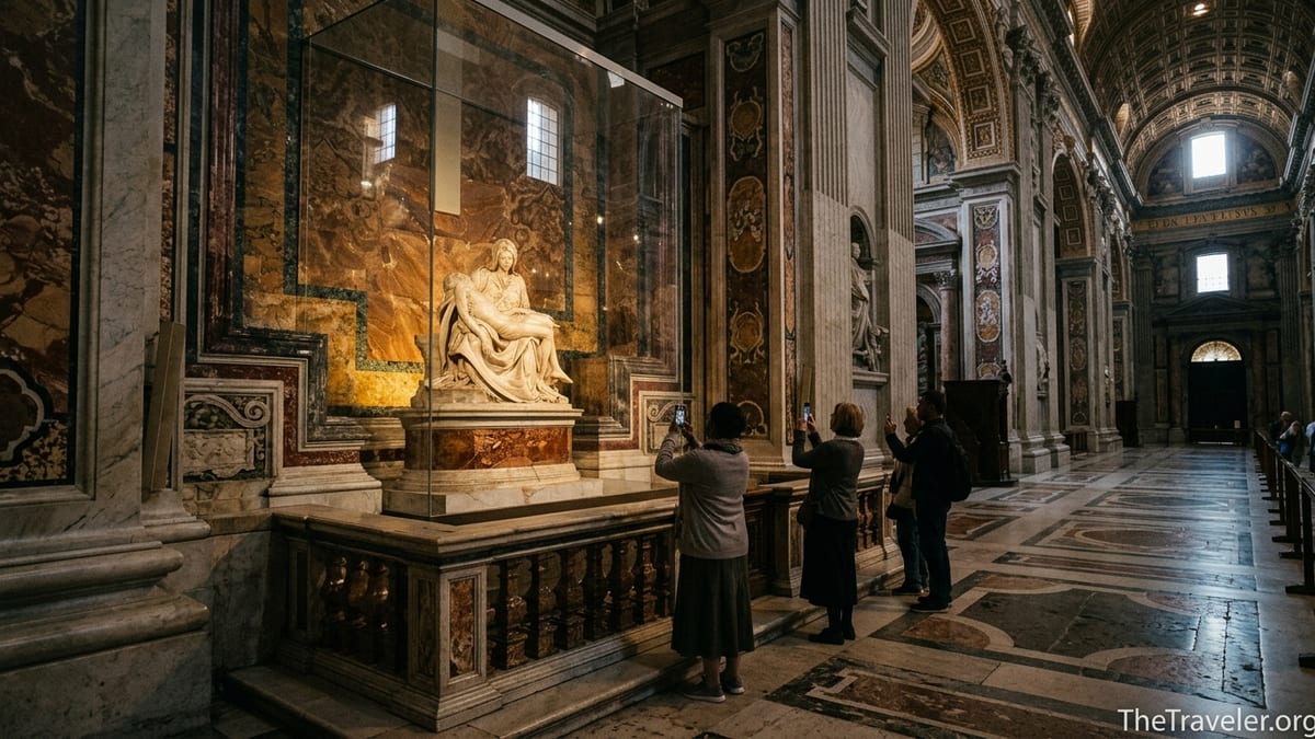 Visitors quietly observe Michelangelo’s Pietà behind glass in the Chapel of the Pietà at St Peter’s Basilica.