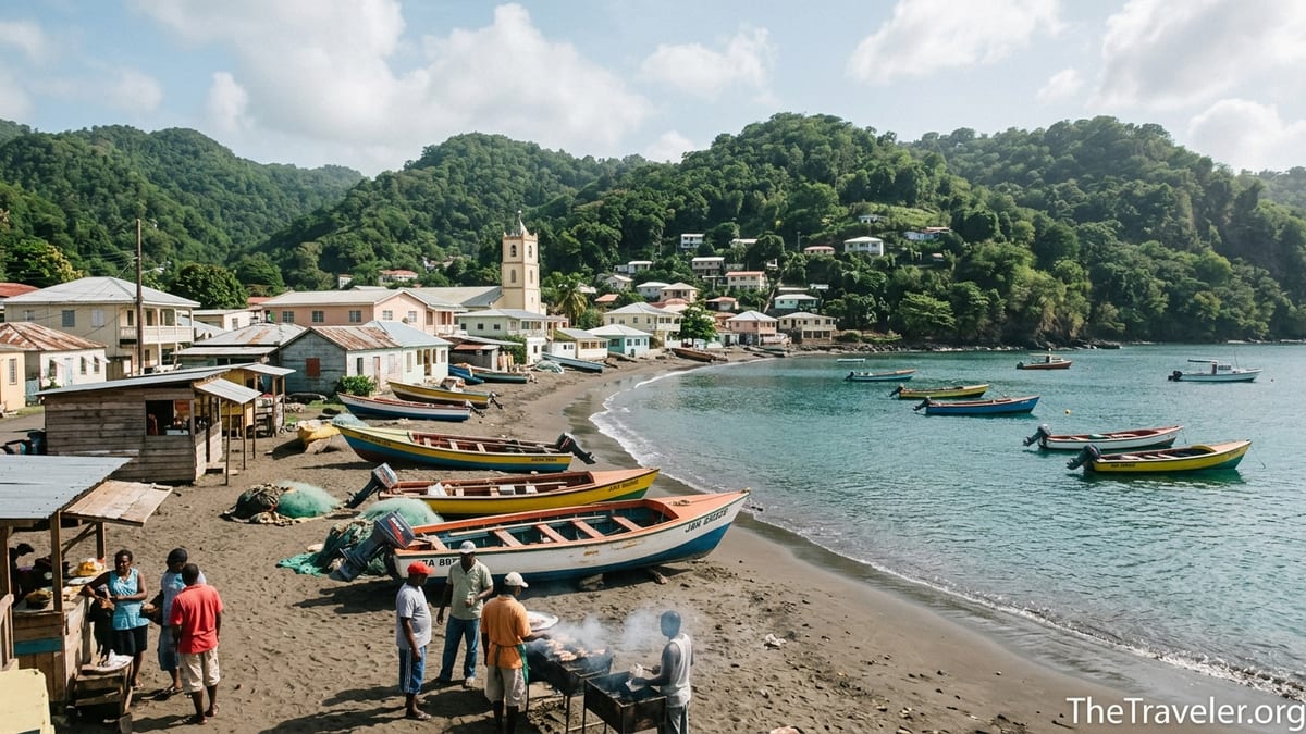 Fishing boats on the beach and pastel houses along the waterfront in Anse La Raye, Saint Lucia.