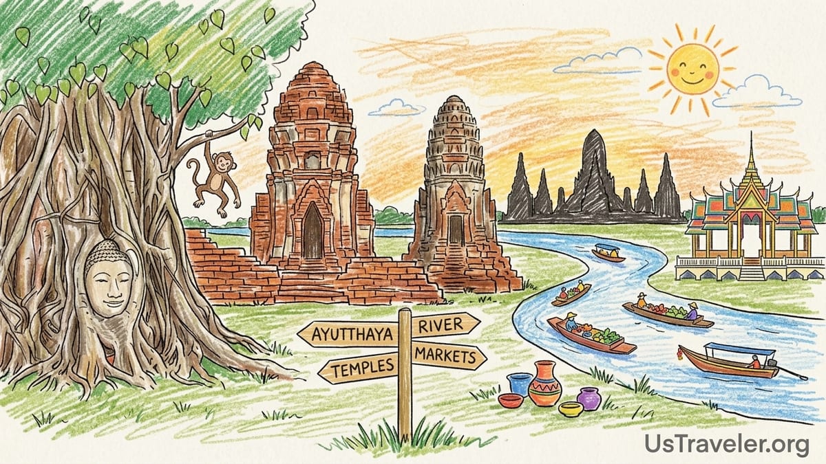 Longtail boat on a river with Ayutthaya temple ruins at sunset in Central Thailand