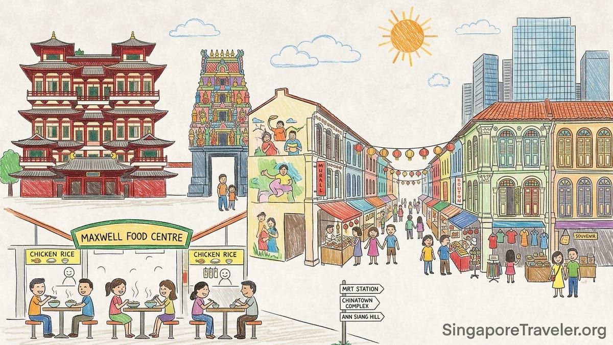 Evening street view of Chinatown Singapore with Buddha Tooth Relic Temple and lantern-lit shophouses.