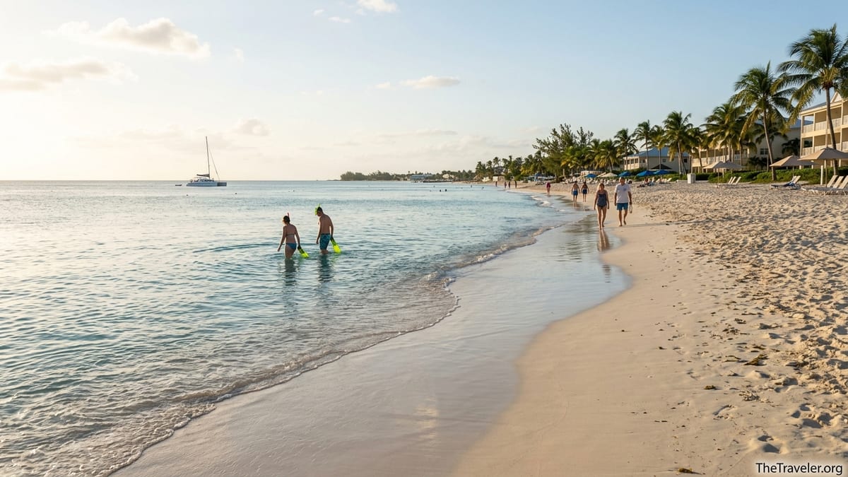 Late afternoon view of Seven Mile Beach near George Town, Grand Cayman with calm turquoise water and walkers on the sand.