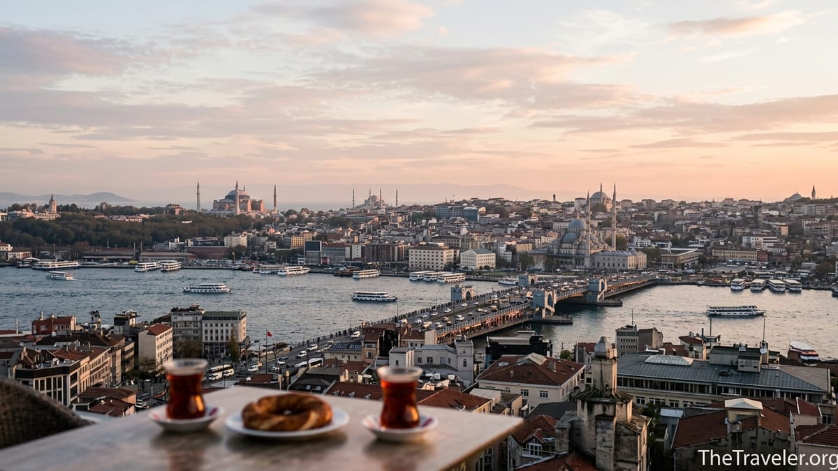 View over the Bosphorus toward Hagia Sophia and the Blue Mosque at sunset from a rooftop café in Istanbul.