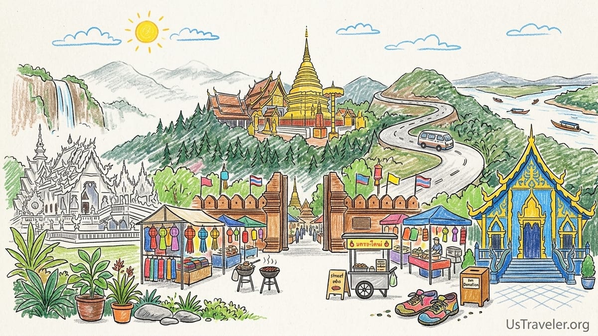 Chiang Mai night market at golden hour with temple rooftops and travelers browsing food and crafts