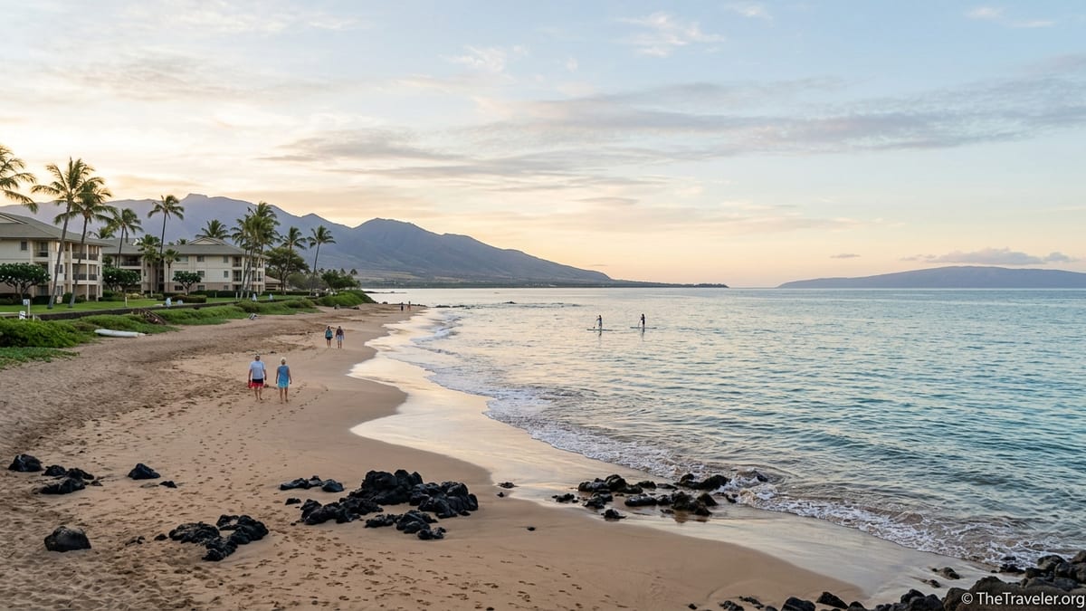 View of Maui Bay shoreline near Kihei at sunrise with beach, palms and resort in the distance.