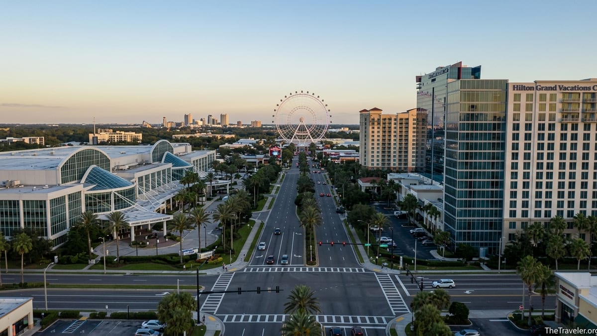 Aerial evening view of Orlando’s convention center district with ICON Park wheel in the distance.