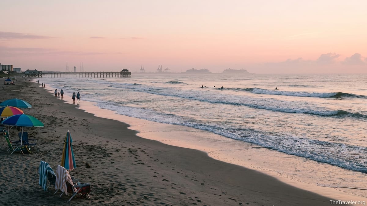 Sunrise over Cocoa Beach with surfers, walkers, and distant pier near an oceanfront resort.