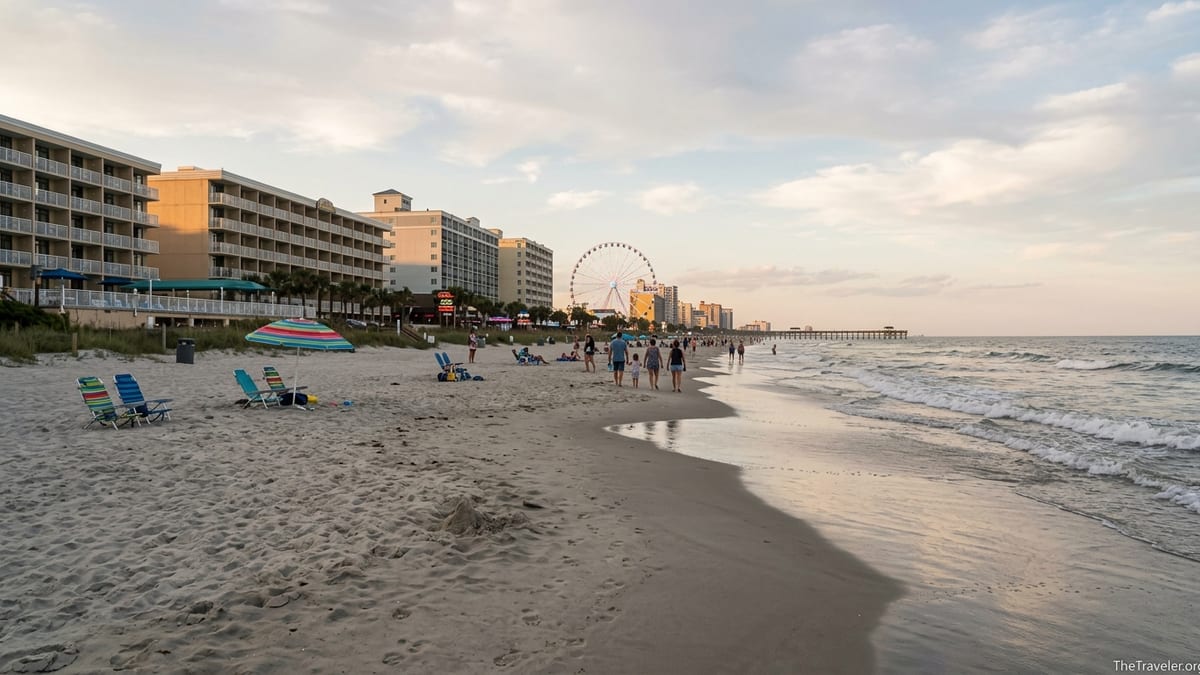 Early evening view of Myrtle Beach shoreline near Westgate with people walking toward the Boardwalk and SkyWheel.