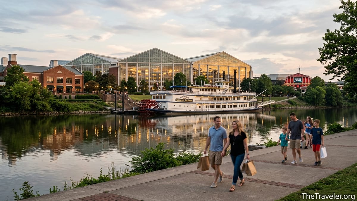 Evening view of Gaylord Opryland and General Jackson Showboat near the Cumberland River in Nashville.