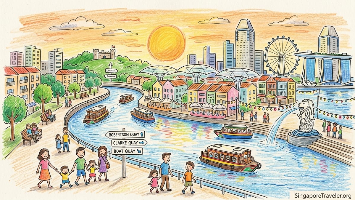 Evening view of Singapore River with lit shophouses, bumboat and skyline