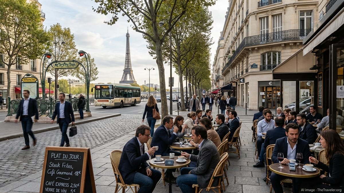 Paris street with café terrace, Eiffel Tower in distance and people walking on a sunny afternoon.