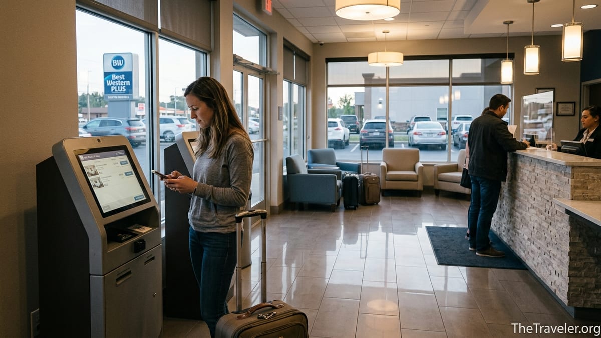 Traveler comparing prices at a self-check-in kiosk in a modern Best Western hotel lobby.