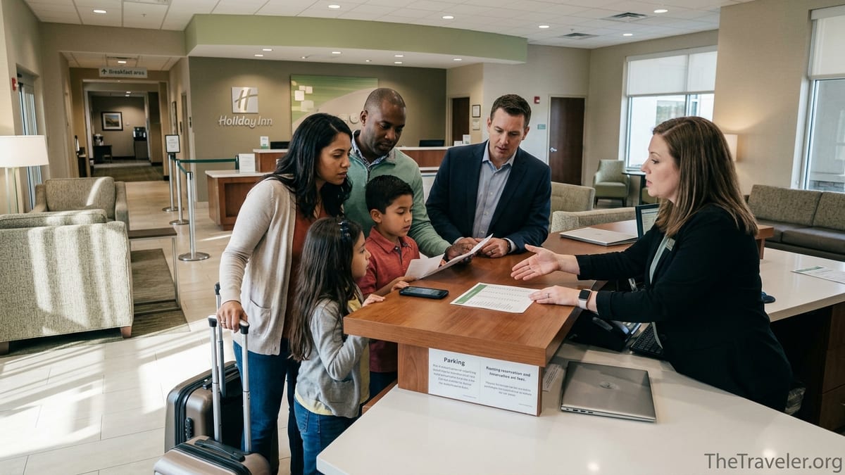 Travelers reviewing booking details at a Holiday Inn front desk in a bright lobby.