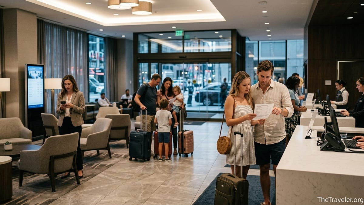 Travelers at a Hilton hotel front desk reviewing bills and Hilton Honors details.