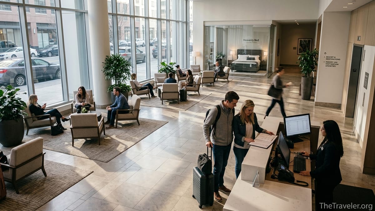 Travelers reviewing charges at a modern Westin hotel lobby reception desk.