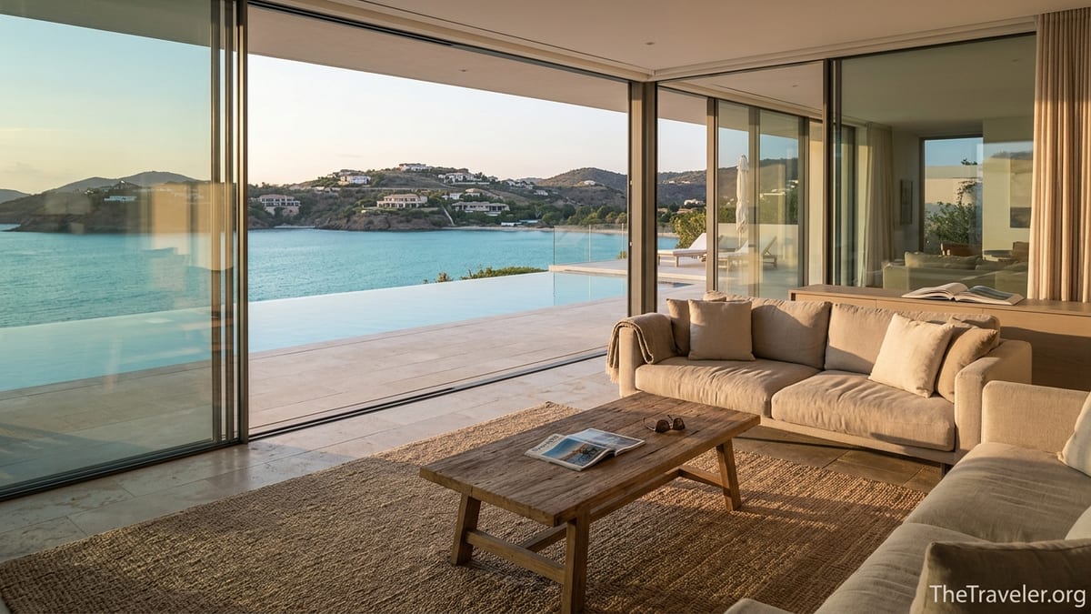 Luxurious oceanfront villa living room opening onto an infinity pool and bay at sunset.