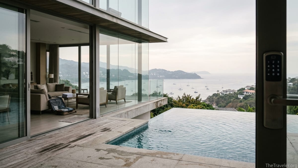 Luxury vacation home with infinity pool overlooking a bay, viewed from terrace at dusk.