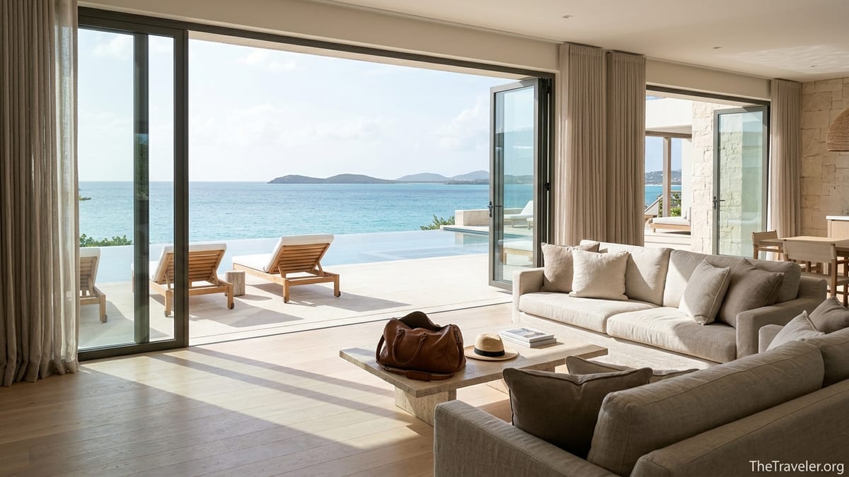 Sunlit luxury beachfront living room opening onto a terrace with sea views and an infinity pool.