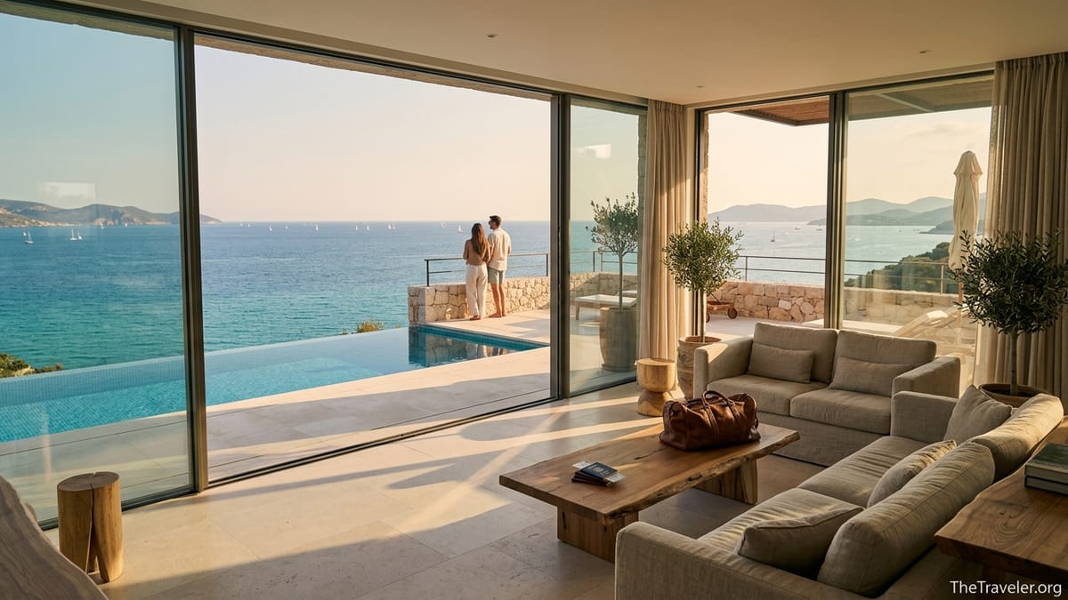 Couple in a modern luxury villa living room overlooking the sea, suggesting a home exchange stay.