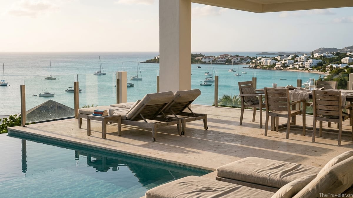 Sunlit terrace of a luxury hillside villa with infinity pool overlooking a turquoise bay.
