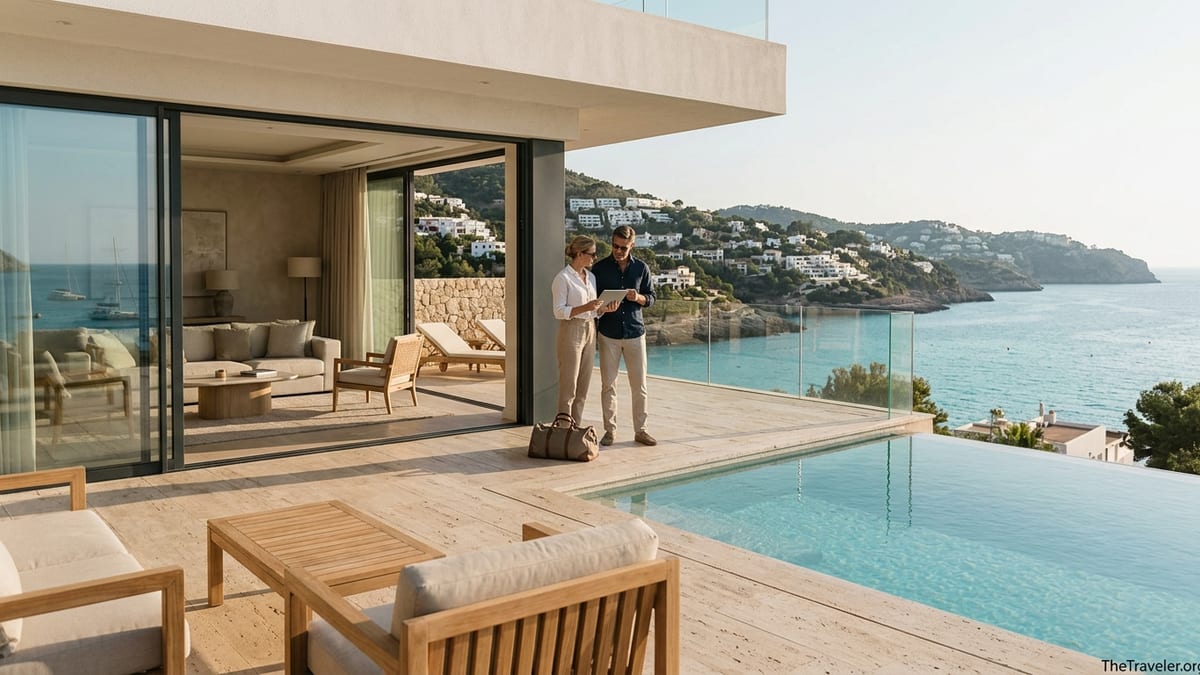 Couple on a luxury villa terrace overlooking the sea, planning their next home exchange trip.