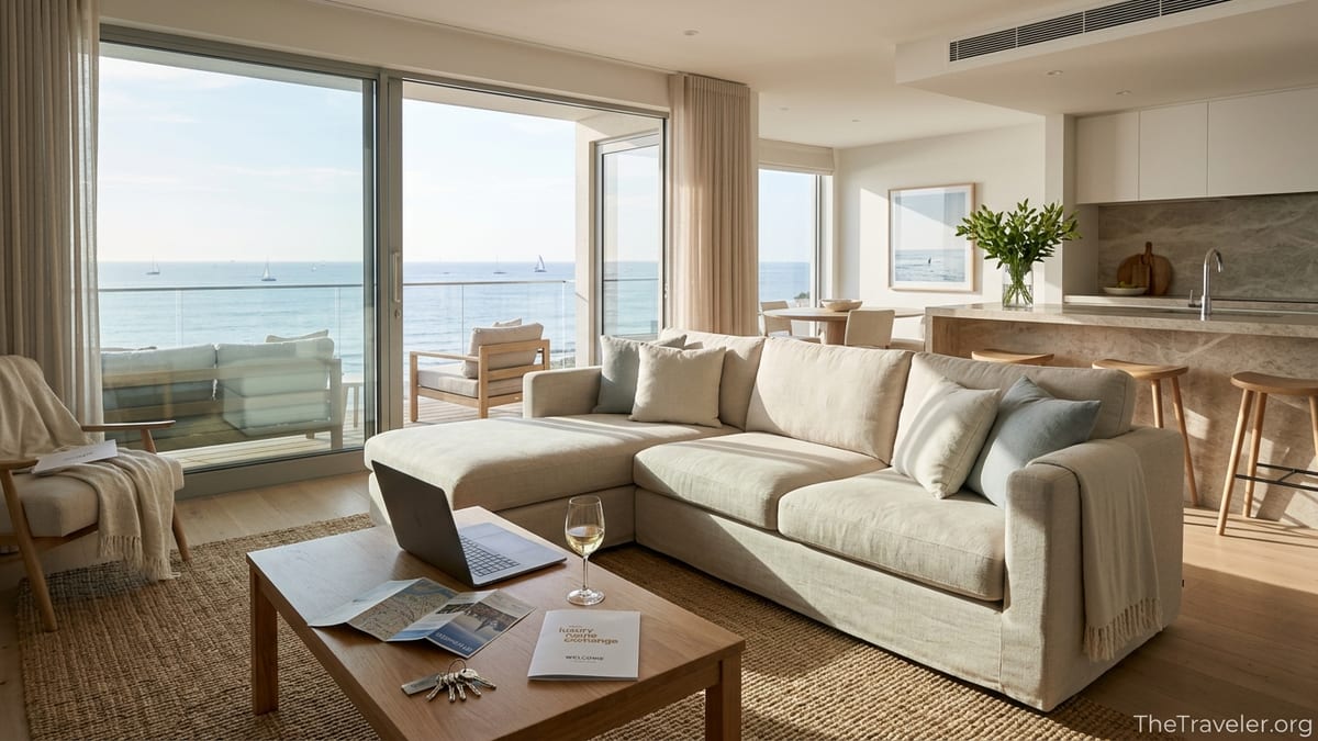 Sunlit living room of a luxury coastal second home prepared for ThirdHome guests.