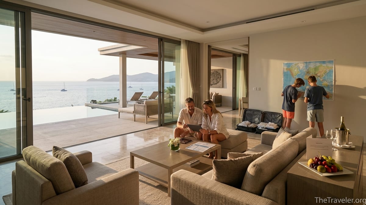 Family reviewing travel plans in a luxury oceanfront villa living room at sunset.