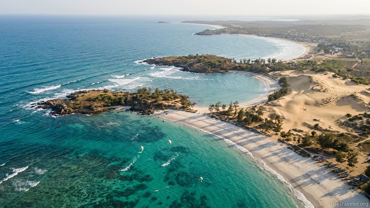 Aerial view of Sakalava, Pigeon and Dune bays near Diego Suarez with turquoise water and white sand beaches.