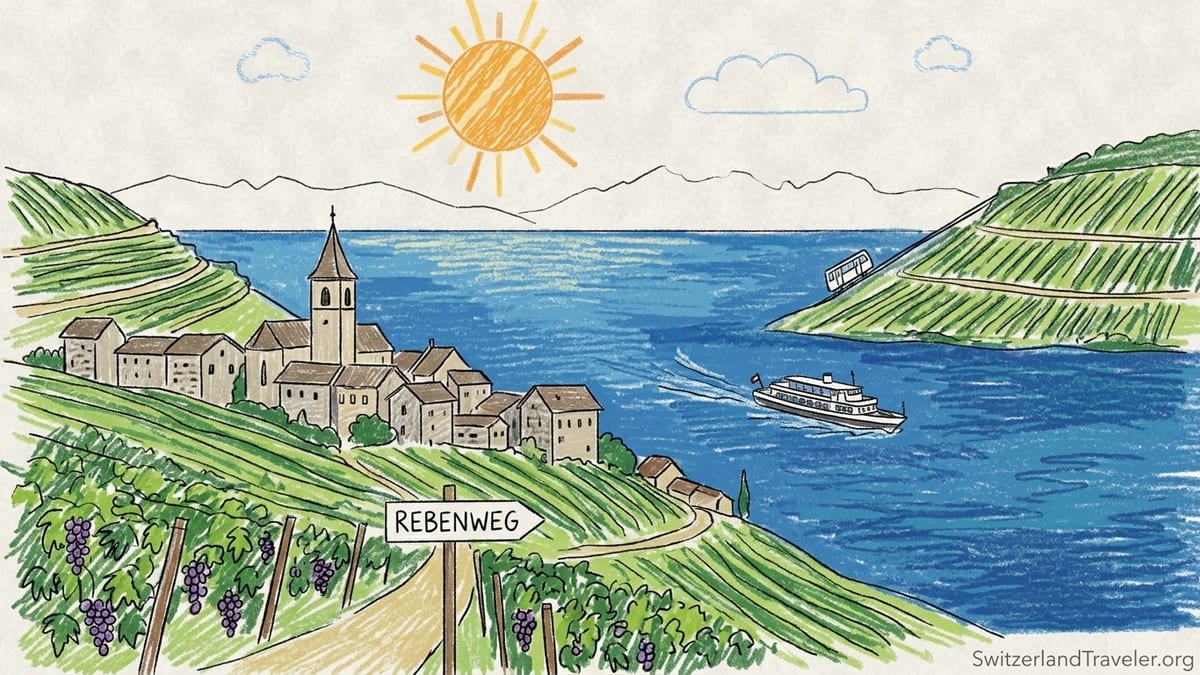 Terraced vineyards above Lake Biel in autumn with a small village and cruise boat below.