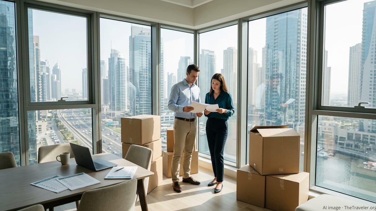 Couple in Dubai high-rise apartment planning a move with boxes and skyline view.