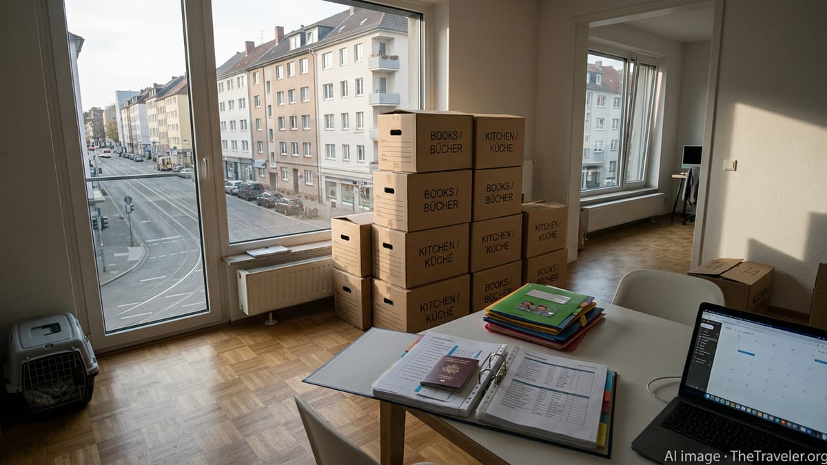 Partially packed German apartment with boxes, documents, and a view of a city street.