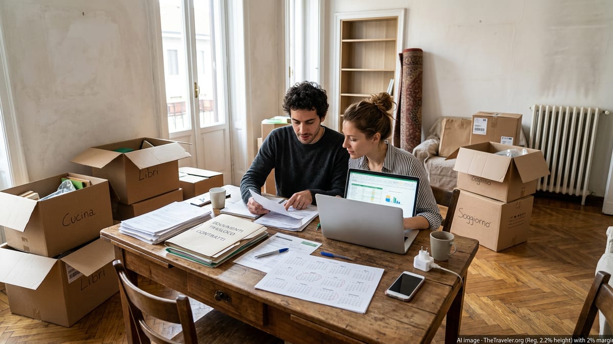 Couple at a table in an Italian apartment planning a move with boxes and documents.