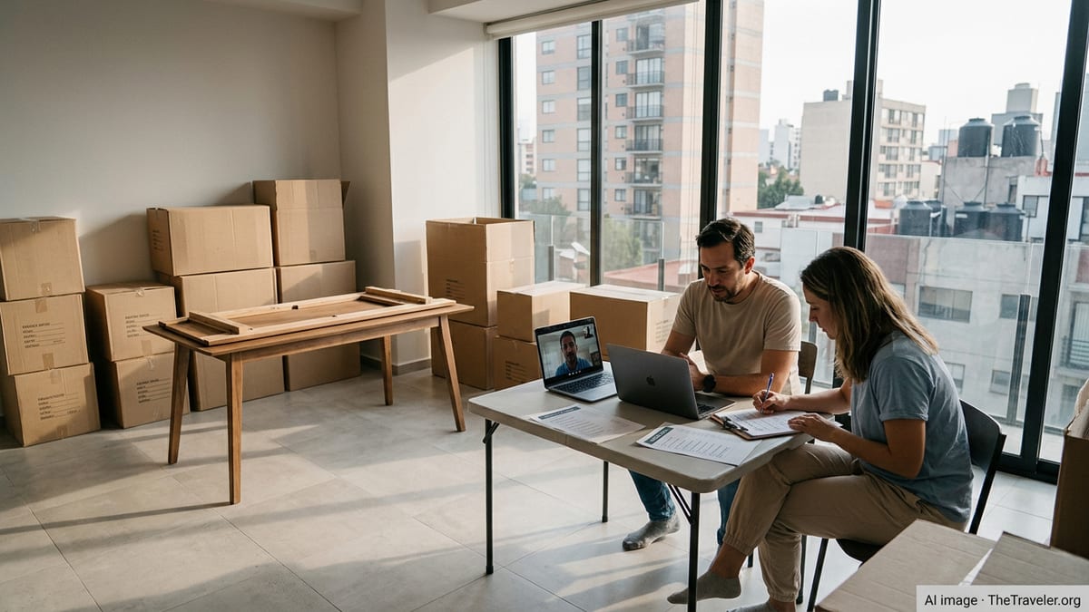 Couple organizing boxes and checklists three months before moving to Mexico