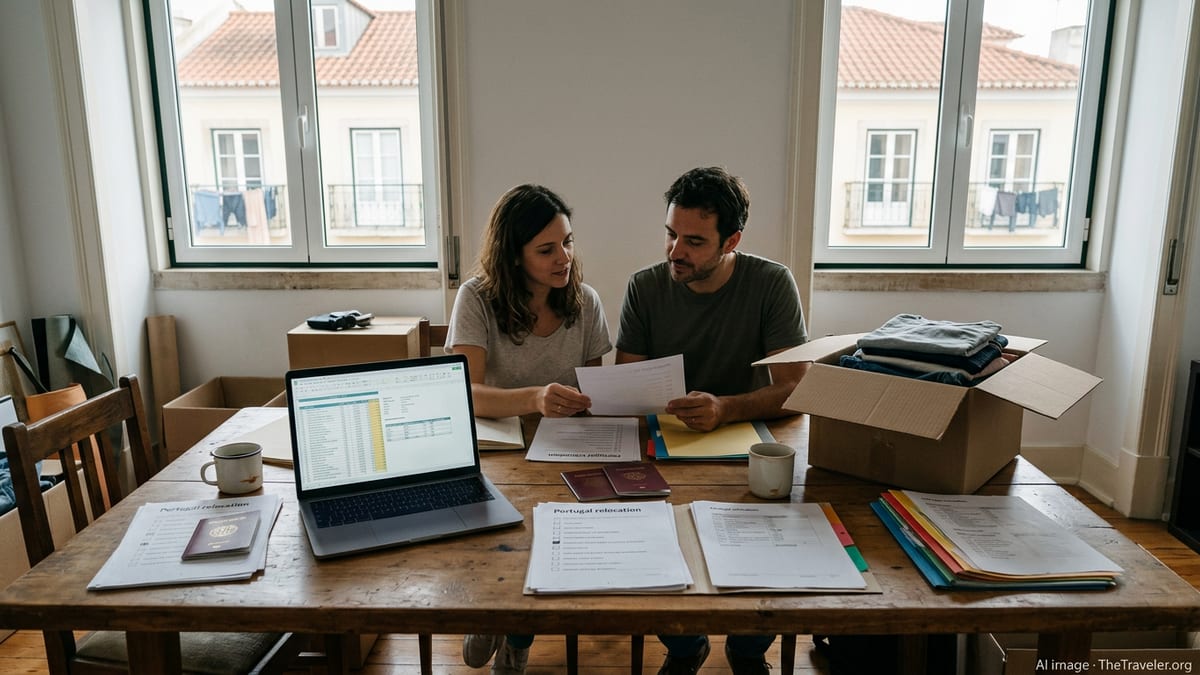 Couple in Lisbon planning a move at a table with checklists and boxes.