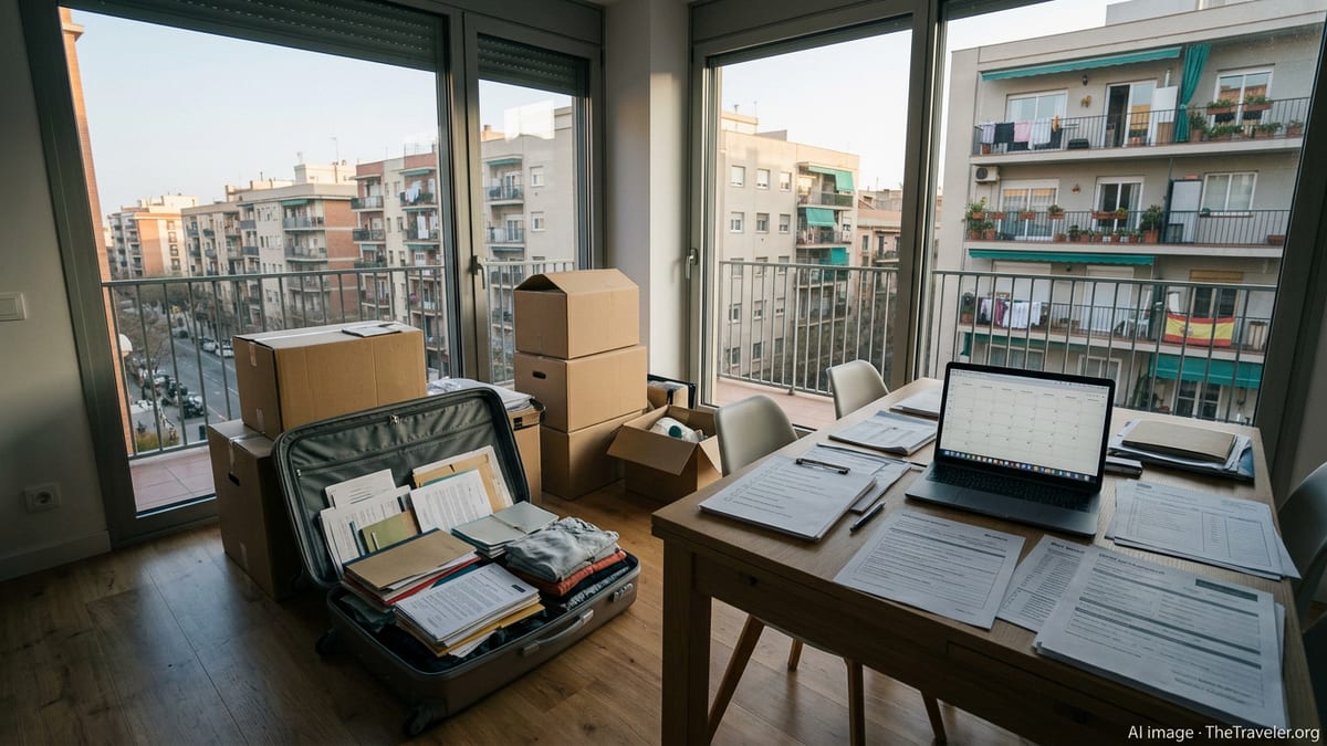 Apartment with moving boxes, documents and a view of a Spanish city street.